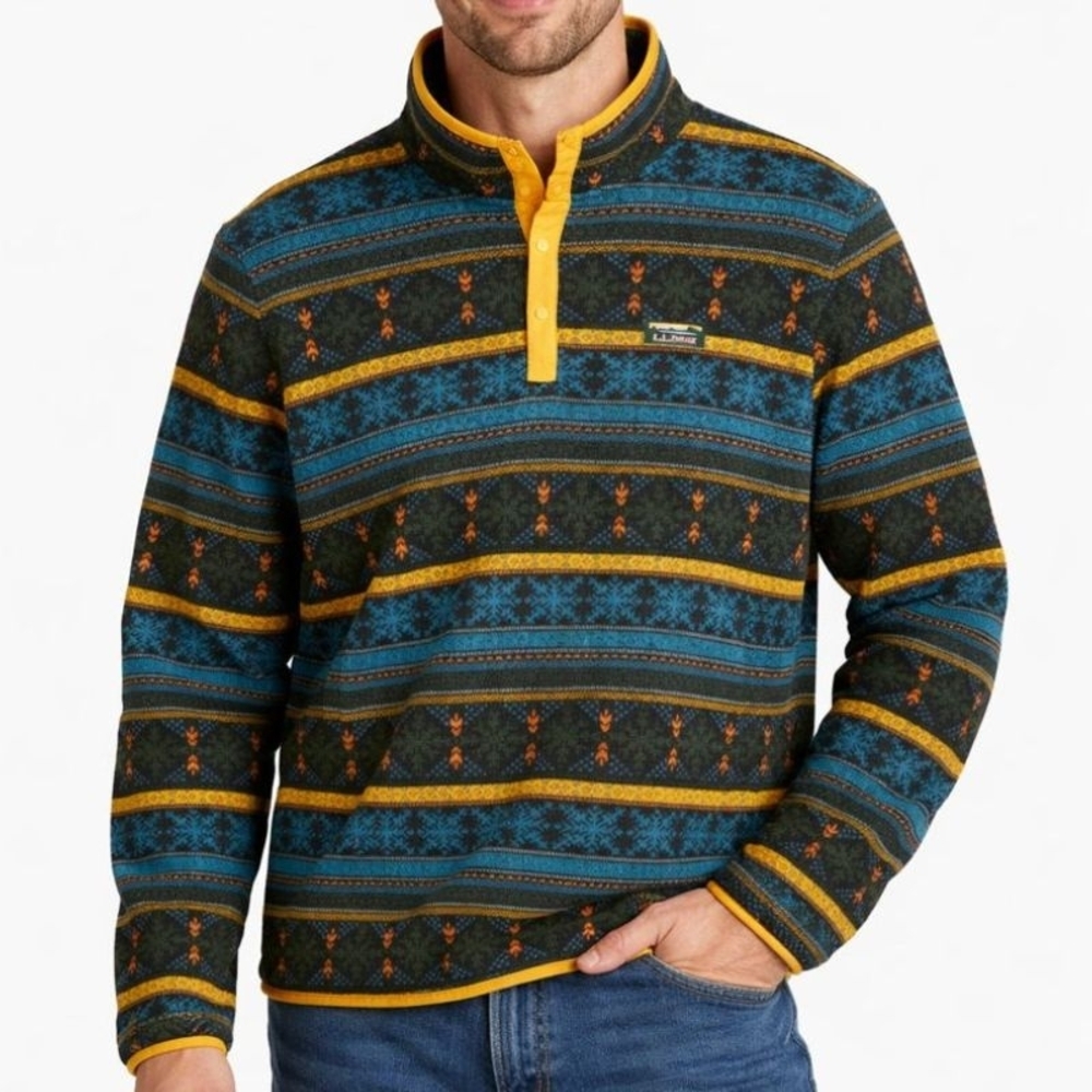 L.L.Bean Men's L Reg Slightly Fitted "Fair Isle" 4 Button Pullover Fleece